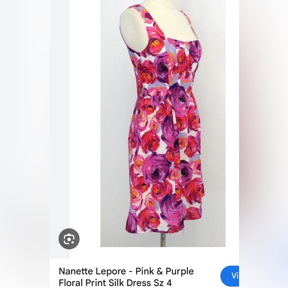 🇺🇸Nanette Lepore Silk floral lined dress .Square neck , ruching ,fit and flare